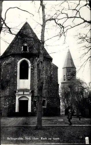 Ak Bellingwolde Groningen, Ned. Herv. Kerk en toren