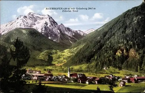 Ak Mayrhofen im Zillertal Tirol, Totalansicht mit Grünberg