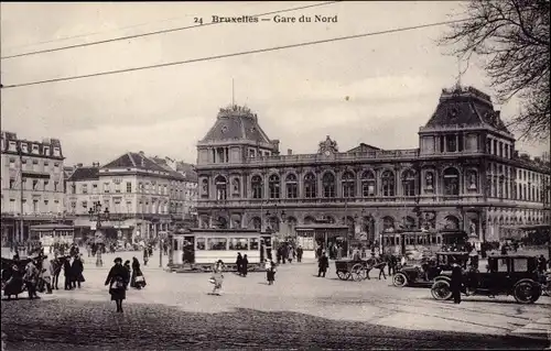 Ak Bruxelles Brüssel, Gare du Nord, Straßenbahnen