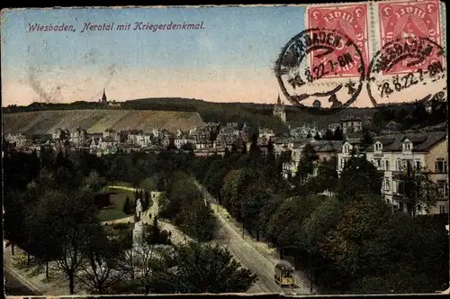 Ak Wiesbaden in Hessen, Nerotal mit Kriegerdenkmal, Straßenbahn