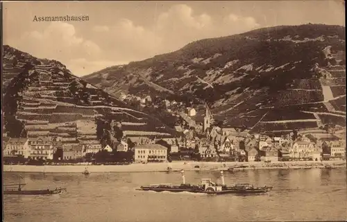 Ak Assmannshausen Rüdesheim am Rhein, Gesamtansicht, Dampfer