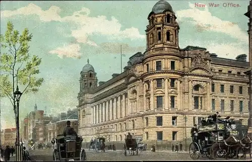 Ak London City, Whitehall, New War Office, Straßenansicht, Kutschen
