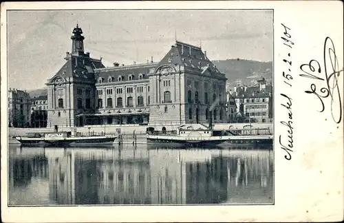 Ak Neuchâtel Neuenburg Stadt, Stadtansicht, Salondampfer, Amtsgebäude