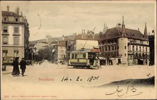 Ak Neuchâtel Neuenburg Stadt, Stadtansicht, Straßenbahn