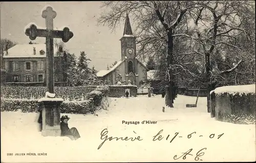 Ak Grand Saconnex Kanton Genf Schweiz, Kirche Saint Hippolyte, Winterlandschaft mit Kreuz