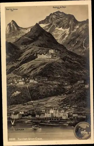 Ak Territet Glion Caux Montreux Kt. Waadt, Lac Léman, Rochers de Naye, Dent de Jaman