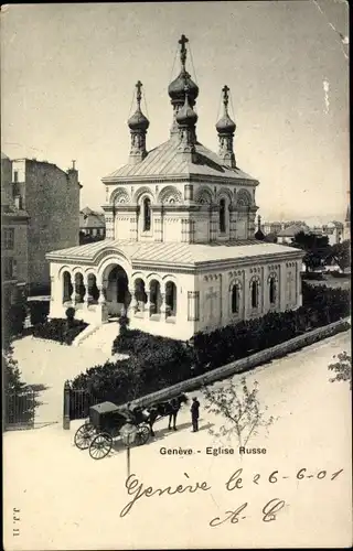 Ak Genève Genf Stadt, Eglise Russe, Straßenpartie mit Blick auf Kirche, Kutsche