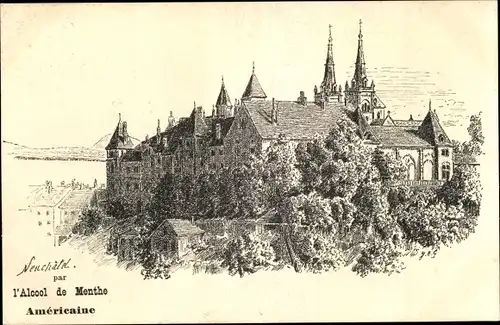 Künstler Litho Neuchâtel Neuenburg Stadt, Stadtansicht, Kirchturm