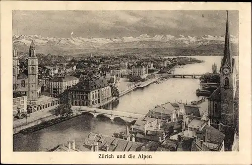 Ak Zürich Stadt Schweiz, Totalansicht mit den Alpen