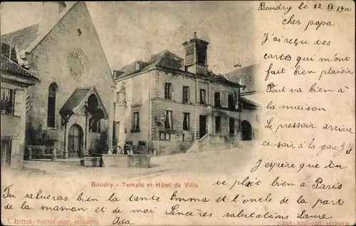 Ak Boudry Kanton Neuenburg, Temple et Hotel de Ville