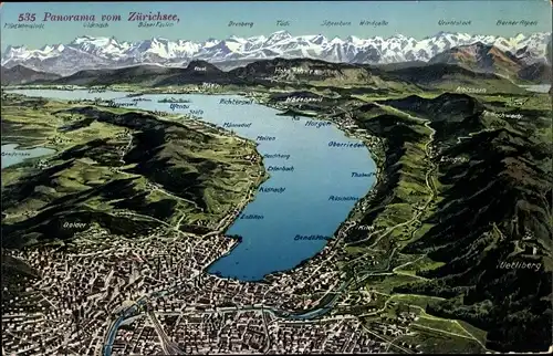 Landkarten Ak Kanton Zürich, Panorama vom Zürichsee, Urirotstock, Berner Alpen