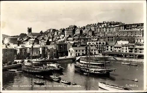 Ak Brixham Devon England, The Harbour and Parish Church