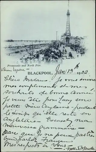 Mondschein Ak Blackpool Lancashire England, Promenade and North Pier