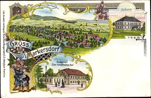 Litho Markersdorf Markocice Bogatynia Reichenau Schlesien, Rest. Zum romantischen Thal, Schule