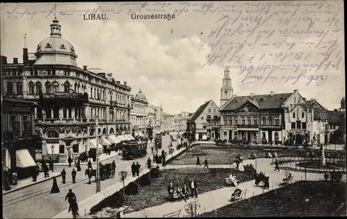 Ak Liepaja Libau Lettland, Großestraße, Straßenbahn, Passanten