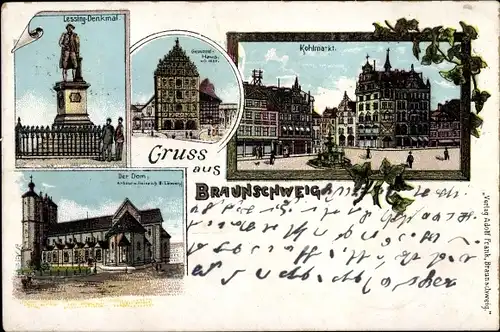 Litho Braunschweig in Niedersachsen, Dom, Kohlmarkt, Lessing-Denkmal