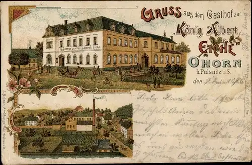 Litho Ohorn in Sachsen, Gasthof zur König Albert Eiche, Blick auf den Ort