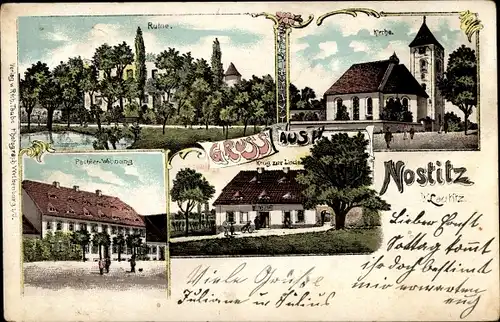 Litho Nostitz Weißenberg, Ruine, Kirche, Pächter Wohnung, Krug zur Linde