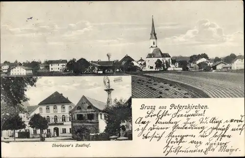 Ak Peterskirchen Tacherting in Oberbayern, Oberbauer's Gasthof, Windrad, Kirche