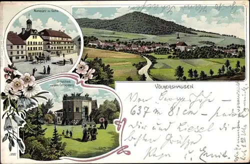 Litho Völkershausen Vacha in der Rhön Thüringen, Schuthaus auf dem Ochsenberg, Marktplatz