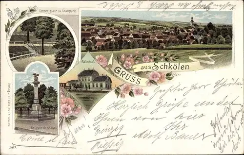 Litho Schkölen in Thüringen, Totalansicht der Ortschaft, Bahnhof, Kriegerdenkmal