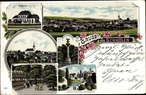 Litho Schkölen Thüringen, Bahnhof, Kirche, Konzertplatz im Stadtpark, Kriegerdenkmal, Totale vom Ort