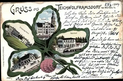 Kleeblatt Litho Mohlsdorf Teichwolframsdorf in Thüringen, Kirche, Bahnhof, Erholungsheim