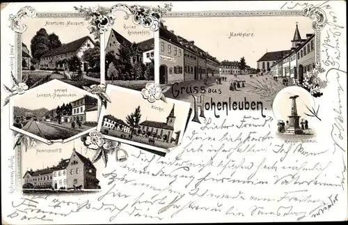 Litho Hohenleuben in Thüringen, Kriegerdenkmal, Marktplatz, Ruine Reichenfels, Museum, Kirche