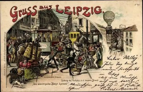 Litho Leipzig in Sachsen, Die elektrische Bahn kommt, Straßenbahn, Ballon
