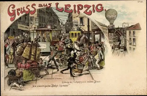 Litho Wolfenbüttel in Niedersachsen, Die elektrische Bahn kommt, Straßenbahn, Ballon