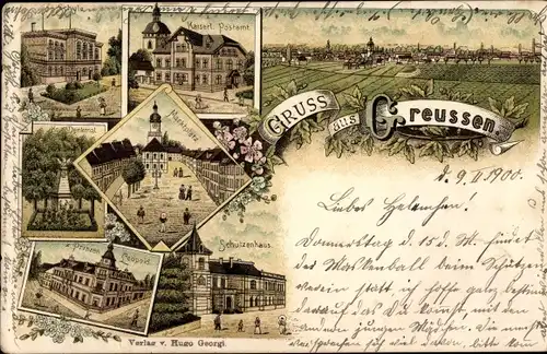 Litho Greußen in Thüringen, Schützenhaus, Gasthaus zum Prinzen Leopold, Schule, Postamt