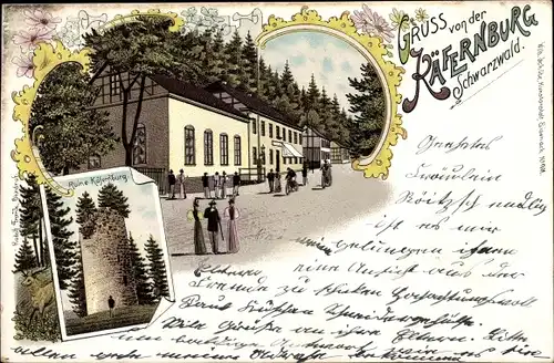 Litho Schwarzwald Ohrdruf in Thüringen, Gasthaus und Ruine Käfernburg
