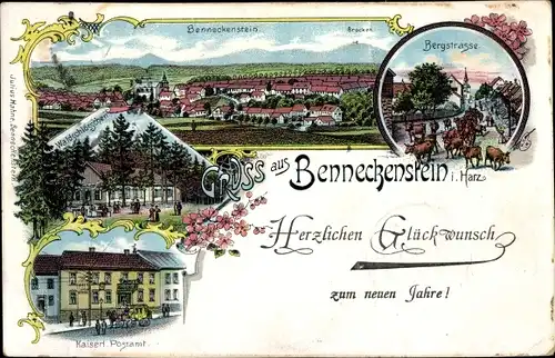 Litho Benneckenstein Oberharz, Bergstraße, Rinder, Postamt, Waldscchlösschen, Totalansicht