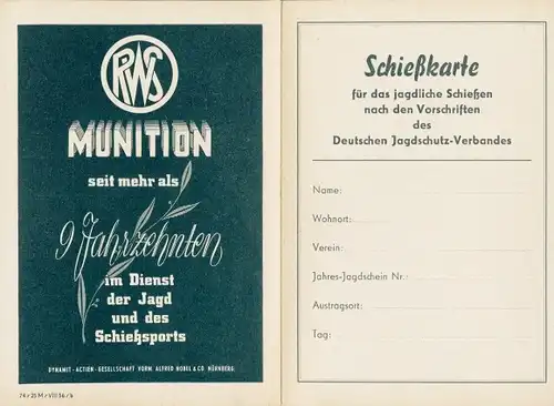 Klapp Ak Schießkarte Dt. Jagdschutz Verband, RWS Munition, Dynamit AG vorm. Alfred Nobel Nürnberg