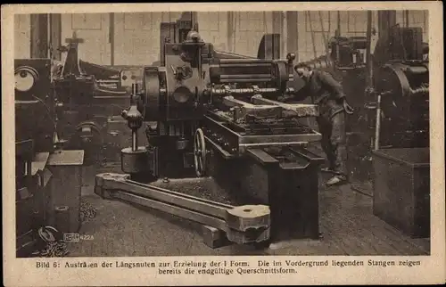 Ak Linden Hannover, HANOMAG, Herstellung einer Lokomotivtreibstange, Längsnuten