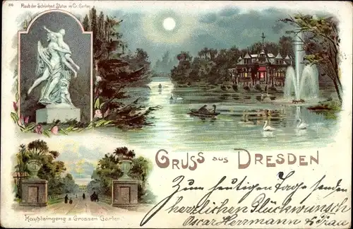 Litho Dresden Zentrum Altstadt, Großer Garten, Raub der Schönheit, Haupteingang, Carolasee