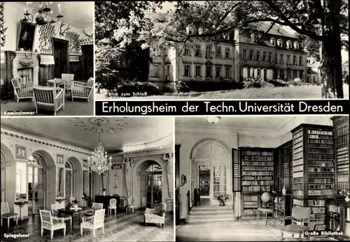 Ak Gaußig in der Oberlausitz, Schloss, Erholungsheim der TU Dresden, Kamin, Spiegelsaal, Bibliothek