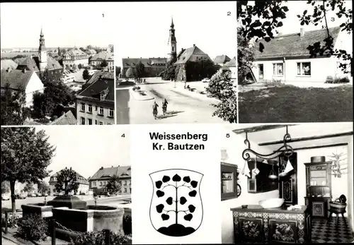 Ak Weißenberg in Sachsen, August-Bebel-Platz, Rathaus, Kindergarten, Marktbrunnen, Museum