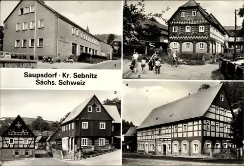 Ak Saupsdorf Sebnitz Sächsische Schweiz, Einkaufszentrum, Umgebindehaus, Gaststätte Räumichtmühle