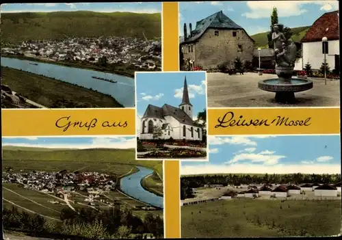 Ak Leiwen an der Mosel, Ortsansicht, Brunnen, Kirche