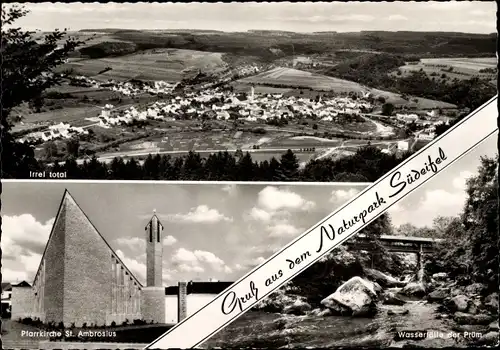 Ak Irrel in der Eifel, Totalansicht, Pfarrkirche St. Ambrosius, Wasserfälle der Prüm