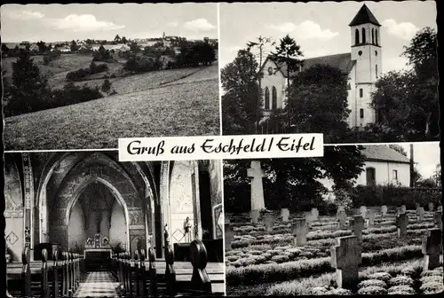 Ak Eschfeld in der Eifel, Ortsansicht, Kirche, Friedhof