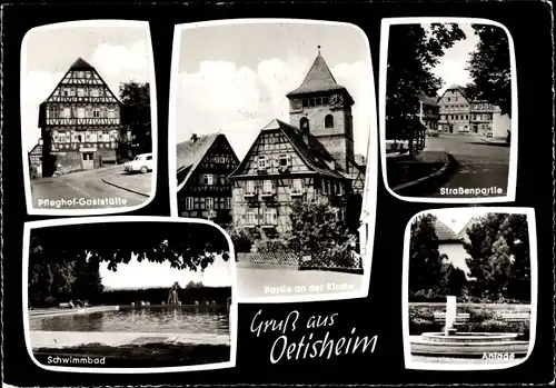 Ak Oetisheim Ötisheim im Enzkreis Württemberg, Pflegehof Gaststätte, Kirche, Schwimmbad