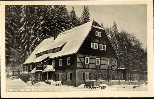 Ak Oberpöbel Dippoldiswalde im Osterzgebirge, Gaststätte Putzmühle, Inh. Karl Thömel, Winter