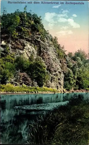 Ak Braunsdorf Niederwiesa Sachsen, Harrasfelsen im Zschopautal, Felsen mit dem Körnerkreuz