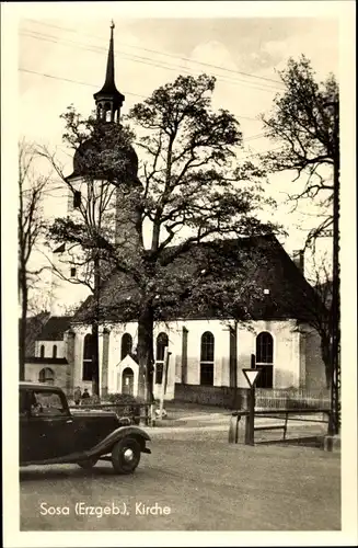 Ak Sosa Eibenstock im Erzgebirge, Kirche, Automobil