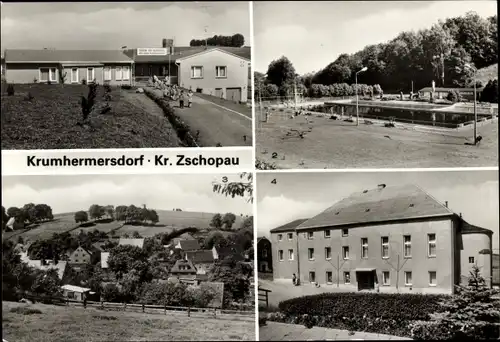 Ak Krumhermersdorf Zschopau im Erzgebirge, Stadion der Bauarbeiter, Freibad, Oberdorf, Kulturhaus