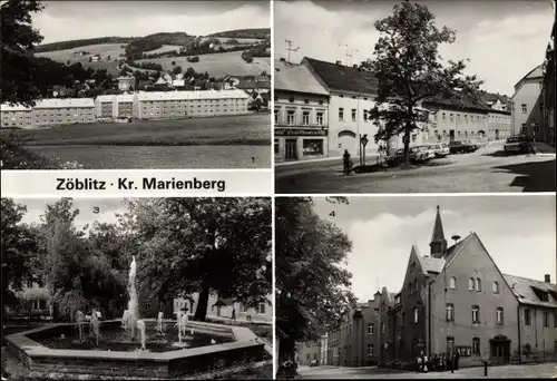 Ak Zöblitz Marienberg im Erzgebirge, Teilansicht, Markt, Brunnen am Markt, Rathaus
