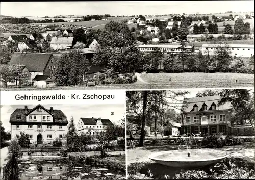 Ak Gehringswalde Wolkenstein im Erzgebirge, Übersicht, Rathaus, Kaffee Warmbad, Springbrunnen