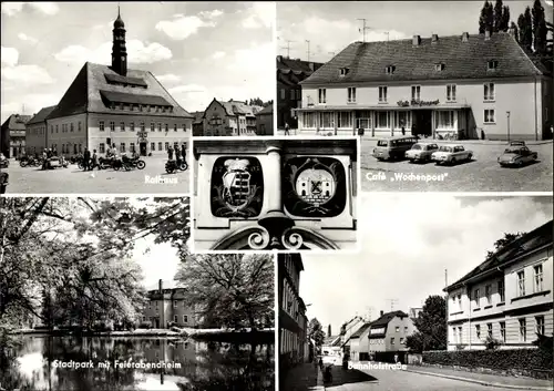 Ak Neustadt in Sachsen, Rathaus, Cafe Wochenpost, Wappen, Stadtpark, Feierabendheim, Bahnhofstraße